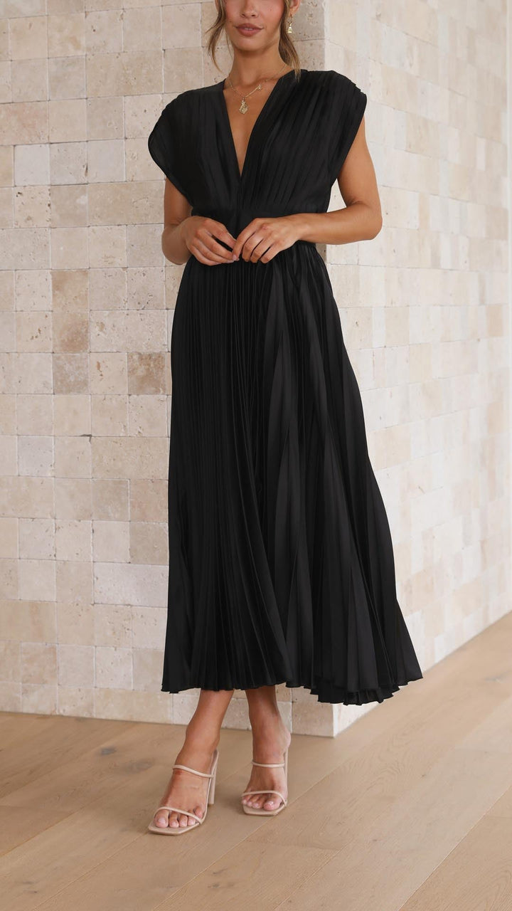 Luna | Deep V Neck Cap Sleeve Pleated Formal Wedding Guest Midi Dress