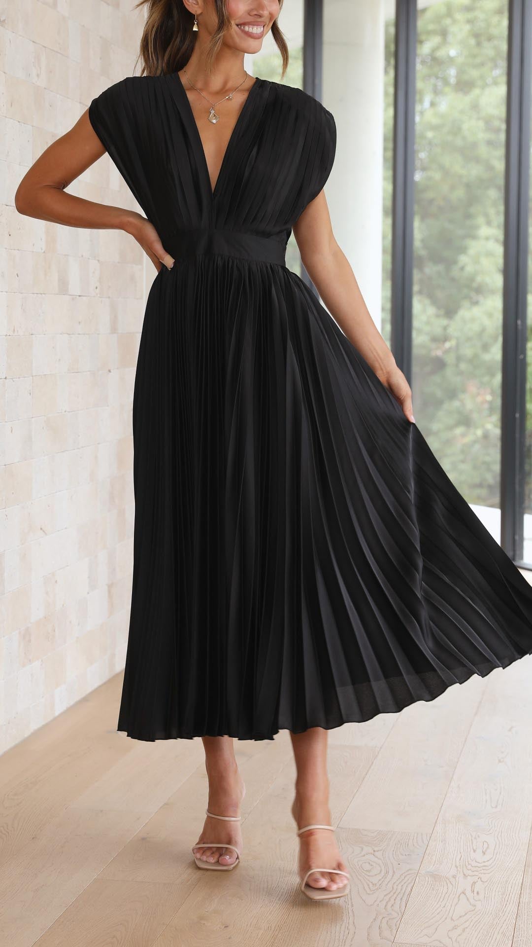 Luna | Deep V Neck Cap Sleeve Pleated Formal Wedding Guest Midi Dress