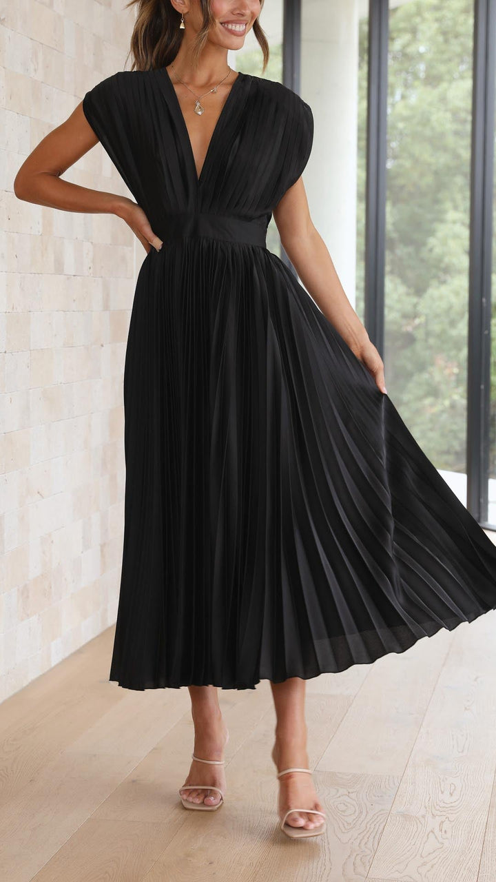 Luna | Deep V Neck Cap Sleeve Pleated Formal Wedding Guest Midi Dress