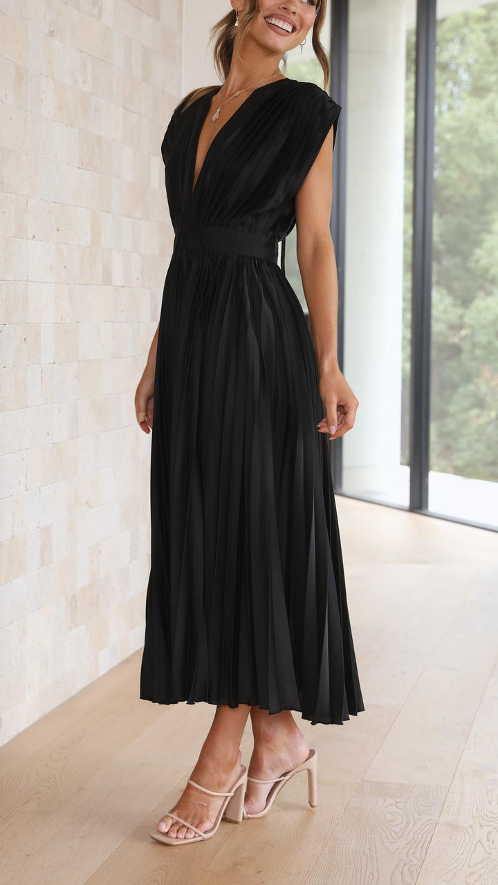 Luna | Deep V Neck Cap Sleeve Pleated Formal Wedding Guest Midi Dress