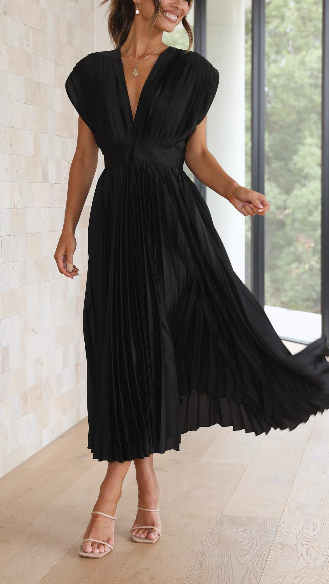 Luna | Deep V Neck Cap Sleeve Pleated Formal Wedding Guest Midi Dress