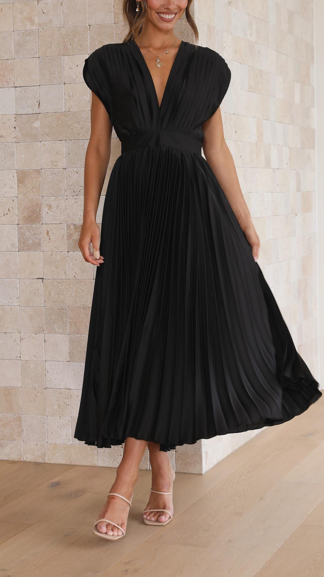 Luna | Deep V Neck Cap Sleeve Pleated Formal Wedding Guest Midi Dress