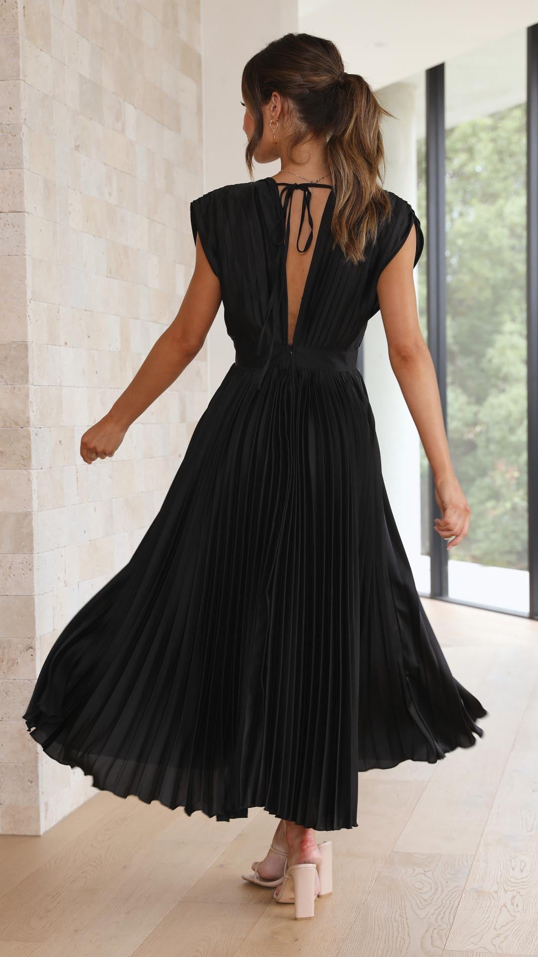 Luna | Deep V Neck Cap Sleeve Pleated Formal Wedding Guest Midi Dress