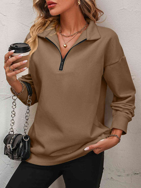Zip-Up Dropped Shoulder Sweatshirt-Loungewear-Grace & Blossom Boutique, a women's online fashion boutique located in Odessa, Florida