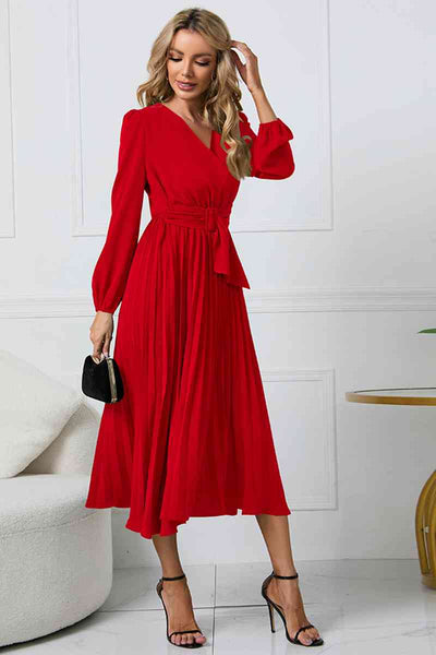 V-Neck Long Sleeve Tie Waist Midi Dress-Dresses-Grace & Blossom Boutique, a women's online fashion boutique located in Odessa, Florida