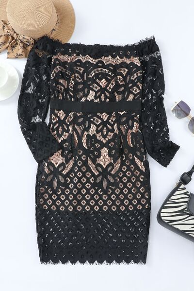 Off-Shoulder Long Sleeve Lace Dress-Dresses-Grace & Blossom Boutique, a women's online fashion boutique located in Odessa, Florida