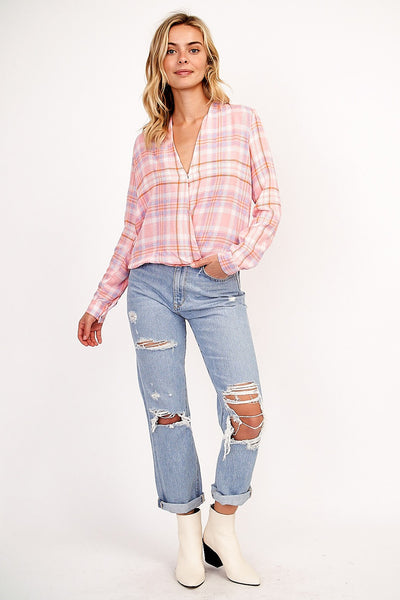 Pink Plaid Blouse-Tops-Grace & Blossom Boutique, a women's online fashion boutique located in Odessa, Florida