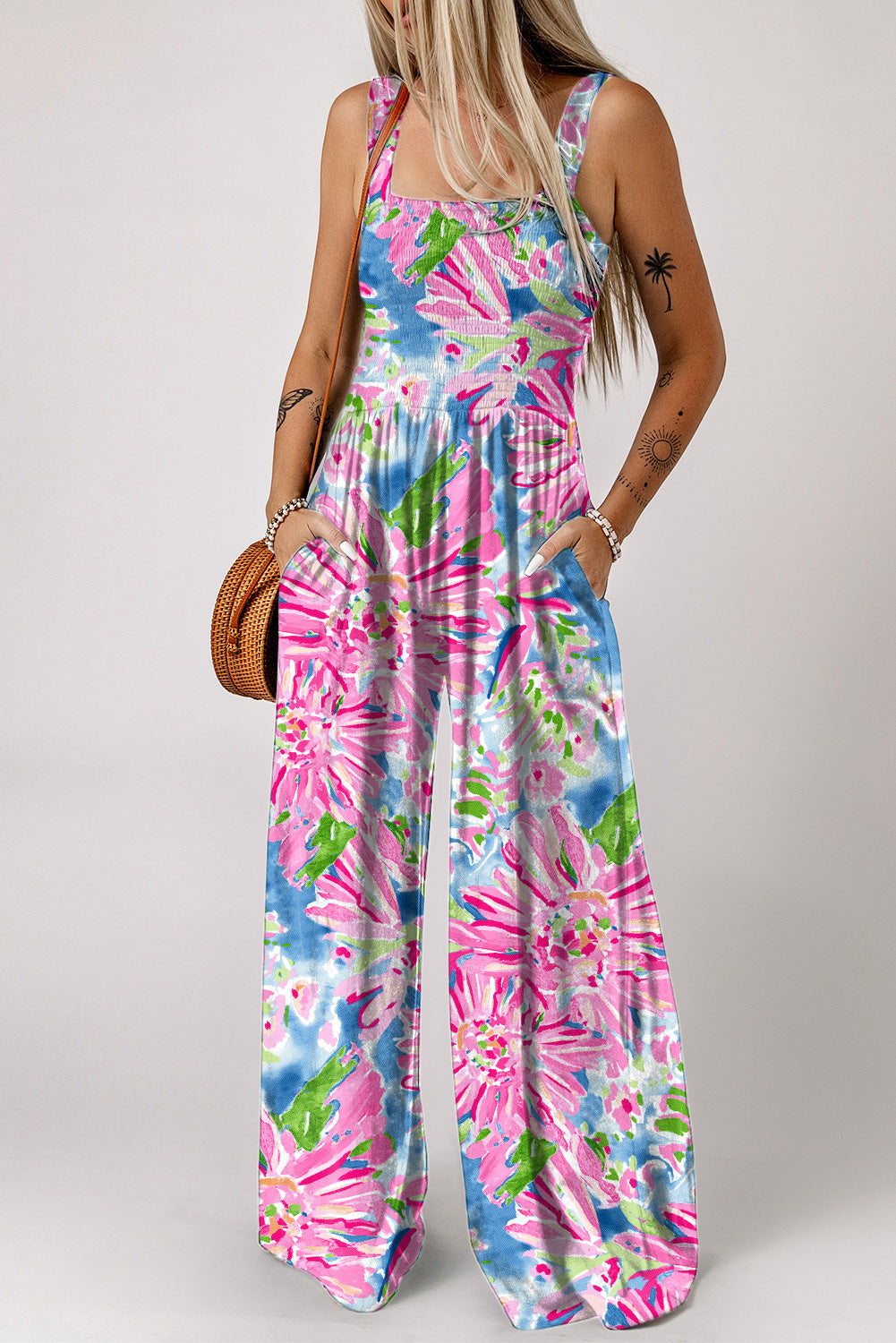 Floral Smocked Square Neck Jumpsuit with Pockets-Dresses-Grace & Blossom Boutique, a women's online fashion boutique located in Odessa, Florida