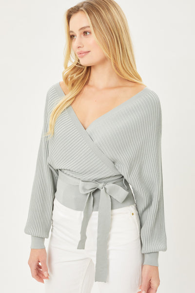 Sage Tie Front Long Sleeve Wrap Sweater-Tops-Grace & Blossom Boutique, a women's online fashion boutique located in Odessa, Florida