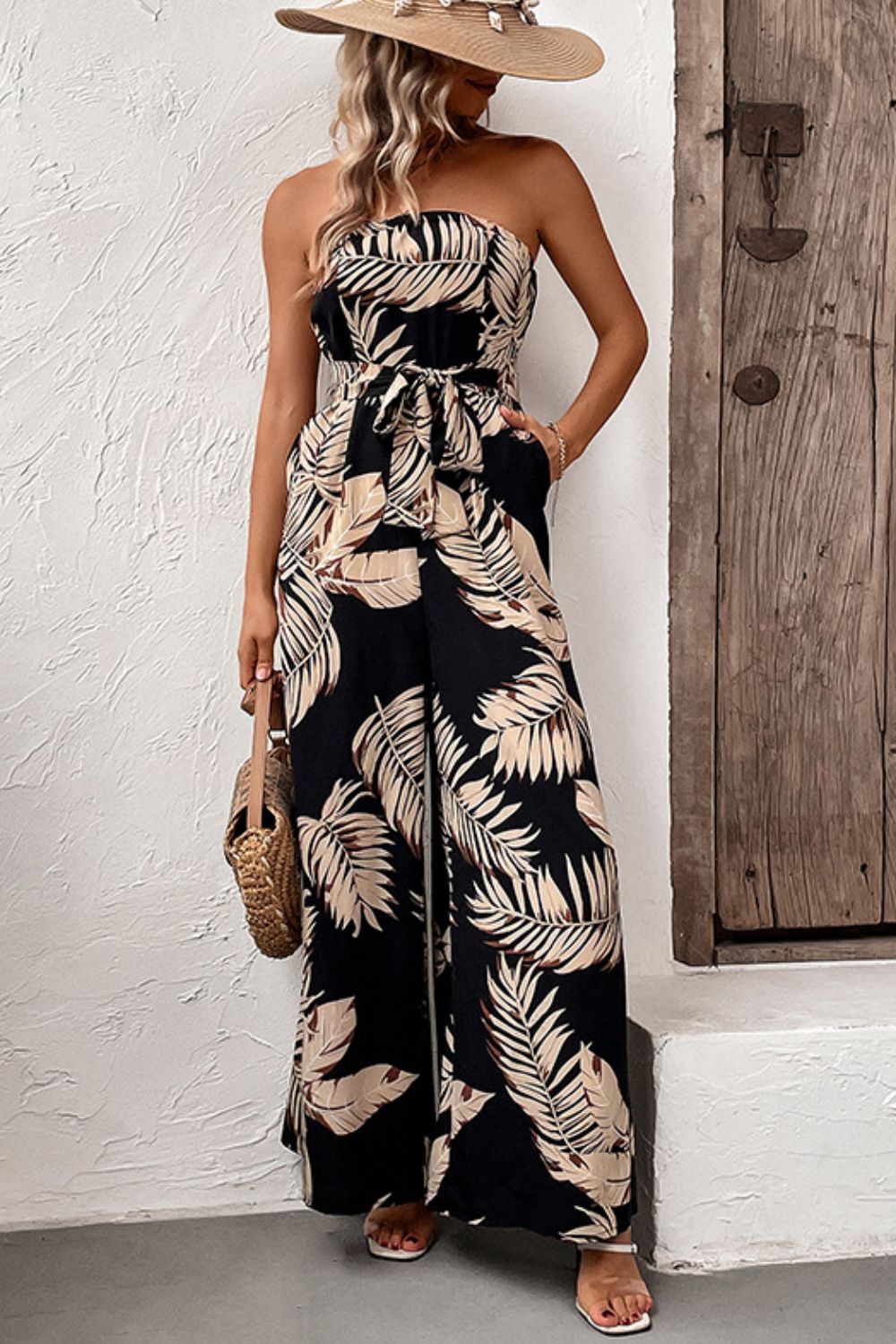Printed Strapless Wide Leg Jumpsuit with Pockets-Dresses-Grace & Blossom Boutique, a women's online fashion boutique located in Odessa, Florida