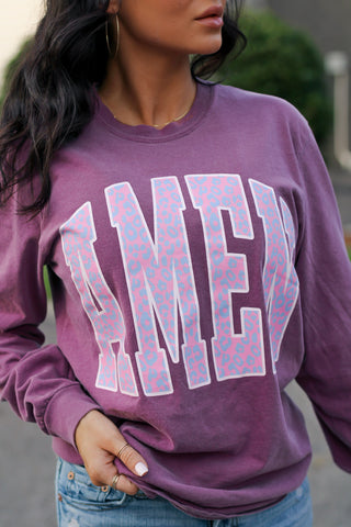 "Amen" Berry Long Sleeve Tee-Tops-Grace & Blossom Boutique, a women's online fashion boutique located in Odessa, Florida