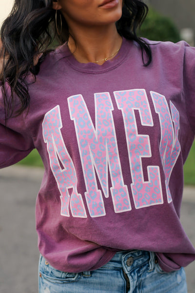 "Amen" Berry Long Sleeve Tee-Tops-Grace & Blossom Boutique, a women's online fashion boutique located in Odessa, Florida