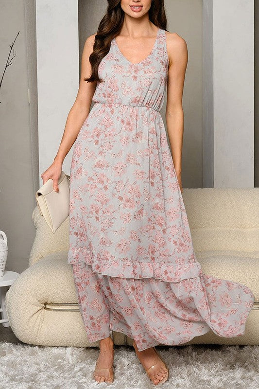 Sleeveless Open Back Tiered Floral Maxi Dress-Dresses-Grace & Blossom Boutique, a women's online fashion boutique located in Odessa, Florida