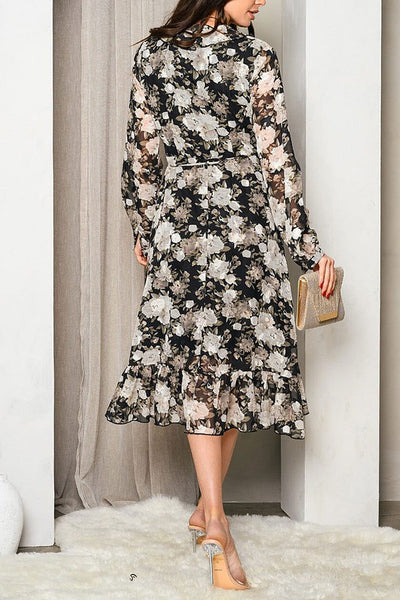 Floral Wrap Ruffle Midi Dress-Dresses-Grace & Blossom Boutique, a women's online fashion boutique located in Odessa, Florida