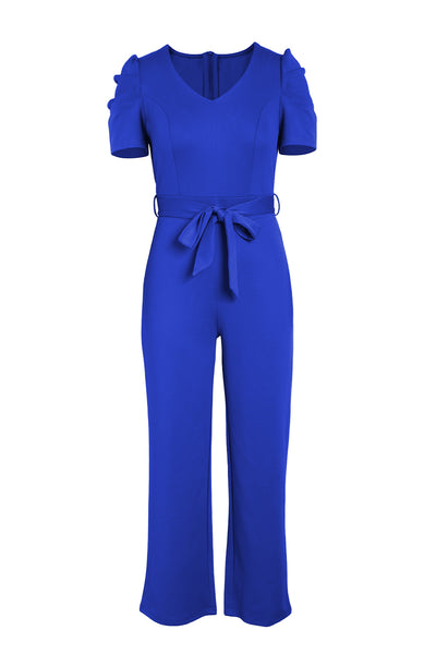 Belted Puff Sleeve V-Neck Jumpsuit-Dresses-Grace & Blossom Boutique, a women's online fashion boutique located in Odessa, Florida
