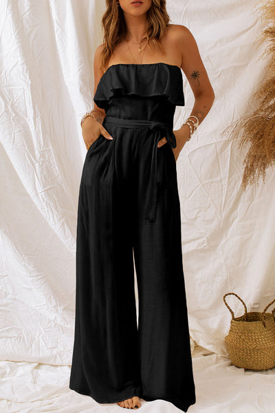 Tie-Waist Ruffled Strapless Wide Leg Jumpsuit-Dresses-Grace & Blossom Boutique, a women's online fashion boutique located in Odessa, Florida