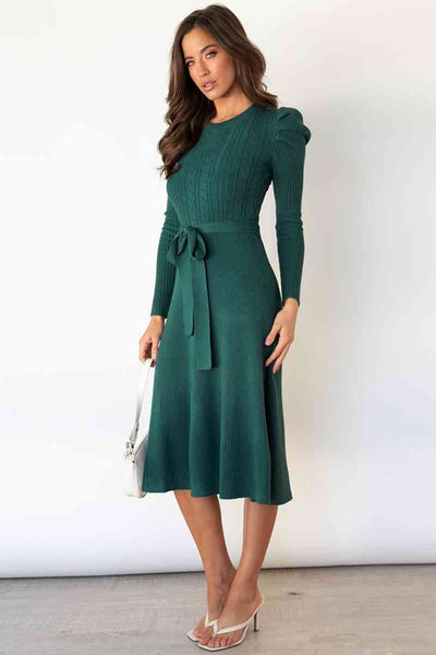 Round Neck Long Sleeve Tie Waist Sweater Dress-Dresses-Grace & Blossom Boutique, a women's online fashion boutique located in Odessa, Florida