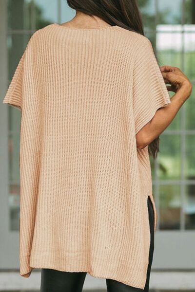 Waffle-Knit Slit Short Sleeve Sweater-Tops-Grace & Blossom Boutique, a women's online fashion boutique located in Odessa, Florida