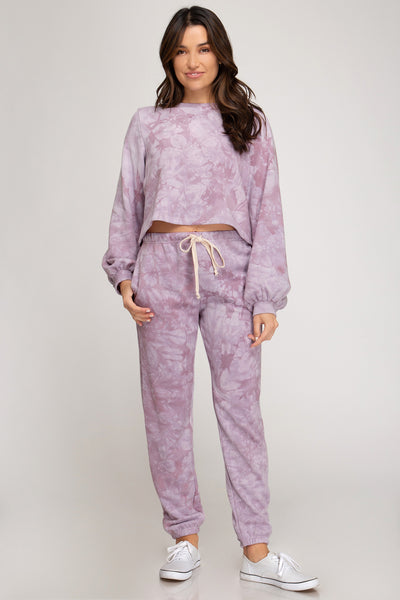 Misty Mauve Tie Dye Terry Knit Sweat Pants-Pants-Grace & Blossom Boutique, a women's online fashion boutique located in Odessa, Florida