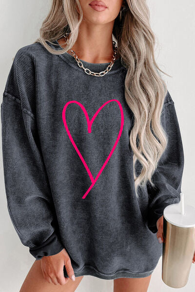 Heart Round Neck Dropped Shoulder Sweatshirt-Tops-Grace & Blossom Boutique, a women's online fashion boutique located in Odessa, Florida