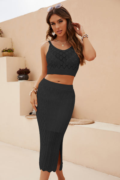 Openwork Cropped Tank and Split Skirt Set-Dresses-Grace & Blossom Boutique, a women's online fashion boutique located in Odessa, Florida
