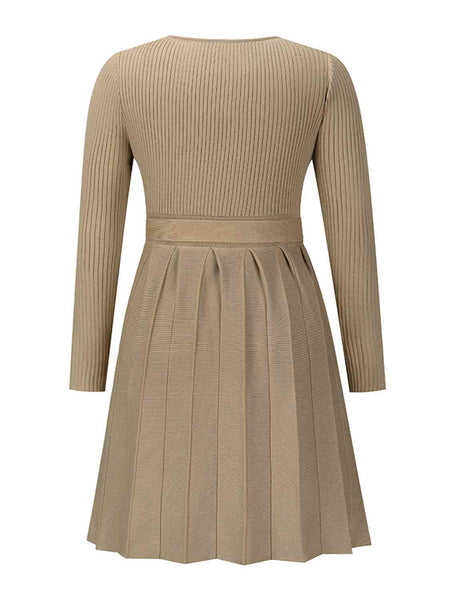 Surplice Neck Tie Front Pleated Sweater Dress-Dresses-Grace & Blossom Boutique, a women's online fashion boutique located in Odessa, Florida