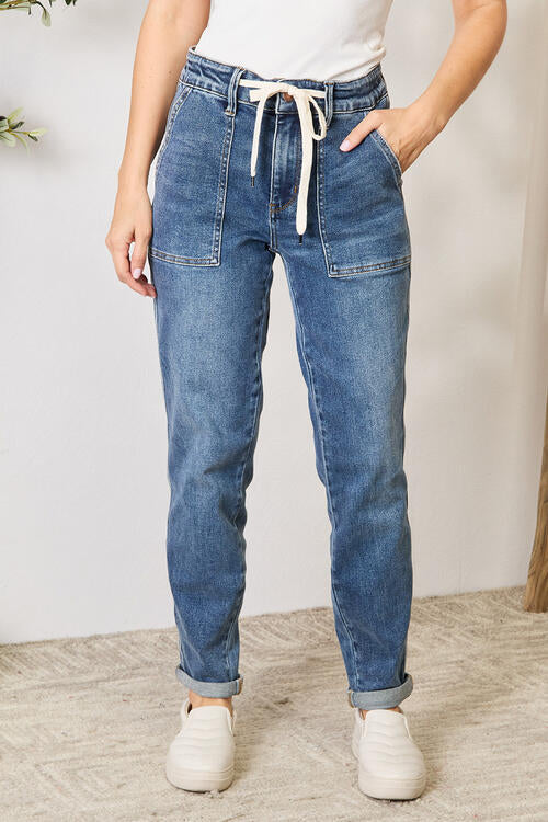 Judy Blue Full Size High Waist Drawstring Denim Jeans-Bottoms-Grace & Blossom Boutique, a women's online fashion boutique located in Odessa, Florida