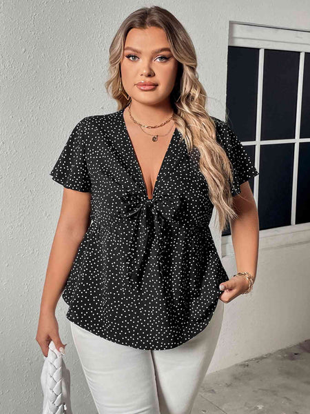 Plus Size V-Neck Front Bow Flutter Sleeve Blouse-Tops-Grace & Blossom Boutique, a women's online fashion boutique located in Odessa, Florida