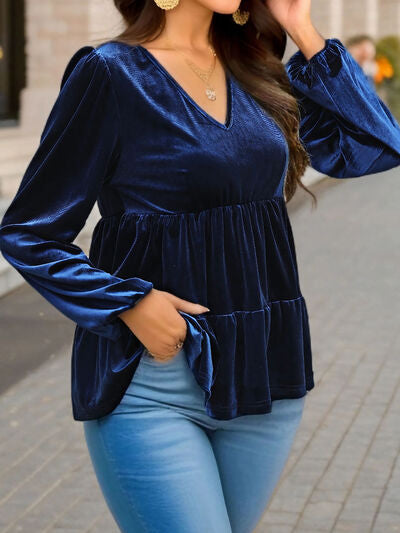 V-Neck Balloon Sleeve Peplum Blouse-Tops-Grace & Blossom Boutique, a women's online fashion boutique located in Odessa, Florida