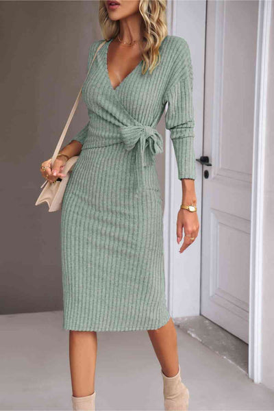 Surplice Neck Tied Ribbed Dress-Dresses-Grace & Blossom Boutique, a women's online fashion boutique located in Odessa, Florida
