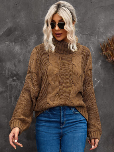 Cable-Knit Turtleneck Dropped Shoulder Sweater-Tops-Grace & Blossom Boutique, a women's online fashion boutique located in Odessa, Florida