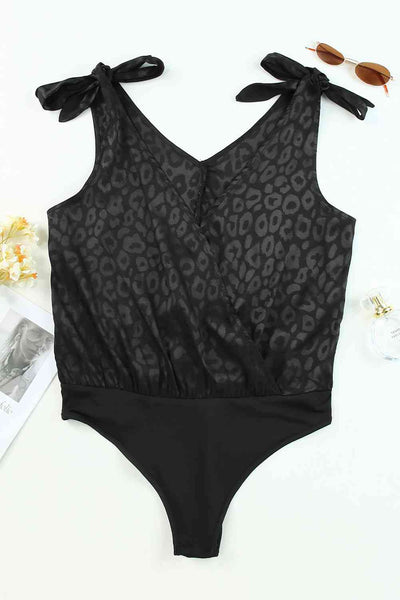 Leopard Tie Shoulder Bodysuit-Tops-Grace & Blossom Boutique, a women's online fashion boutique located in Odessa, Florida