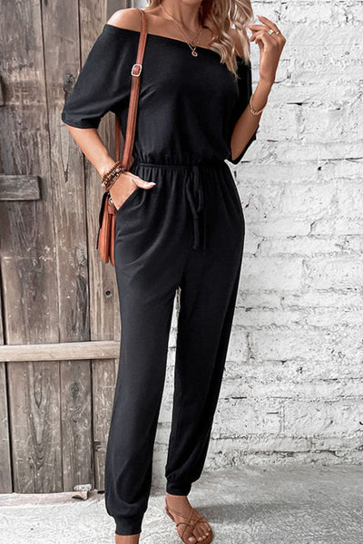 Off-Shoulder Jumpsuit with Pockets-Dresses-Grace & Blossom Boutique, a women's online fashion boutique located in Odessa, Florida