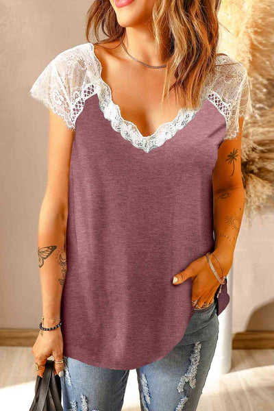 Scalloped Spliced Lace V-Neck Top-Tops-Grace & Blossom Boutique, a women's online fashion boutique located in Odessa, Florida