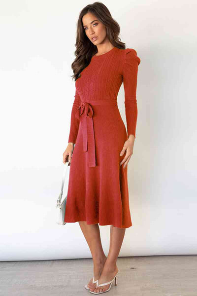 Round Neck Long Sleeve Tie Waist Sweater Dress-Dresses-Grace & Blossom Boutique, a women's online fashion boutique located in Odessa, Florida