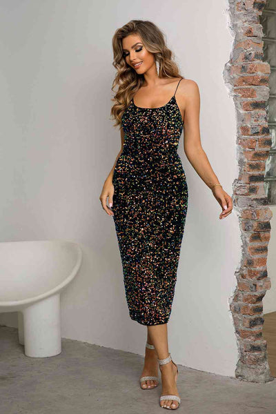 Sequin Spaghetti Strap Slit Dress-Dresses-Grace & Blossom Boutique, a women's online fashion boutique located in Odessa, Florida