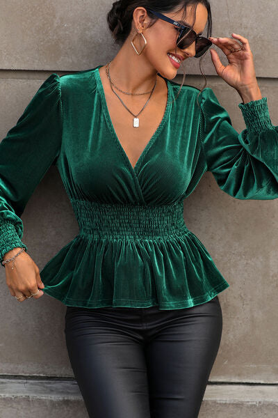Smocked Surplice Lantern Sleeve Peplum Blouse-Tops-Grace & Blossom Boutique, a women's online fashion boutique located in Odessa, Florida