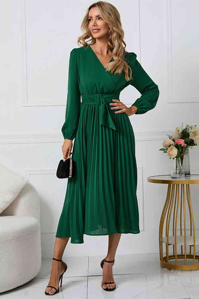 V-Neck Long Sleeve Tie Waist Midi Dress-Dresses-Grace & Blossom Boutique, a women's online fashion boutique located in Odessa, Florida