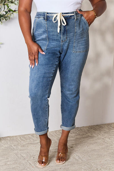 Judy Blue Full Size High Waist Drawstring Denim Jeans-Bottoms-Grace & Blossom Boutique, a women's online fashion boutique located in Odessa, Florida