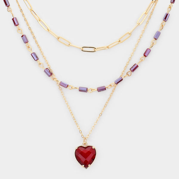 Heart Pendant Triple Layered Necklace-Red-Necklaces-Grace & Blossom Boutique, a women's online fashion boutique located in Odessa, Florida