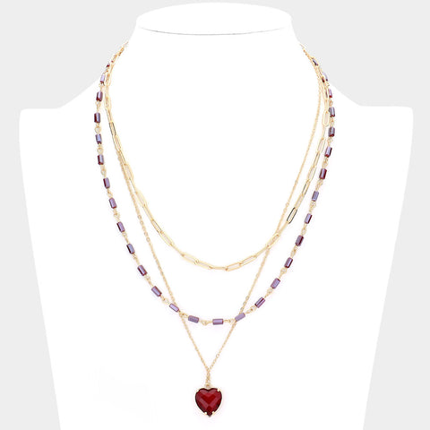 Heart Pendant Triple Layered Necklace-Red-Necklaces-Grace & Blossom Boutique, a women's online fashion boutique located in Odessa, Florida