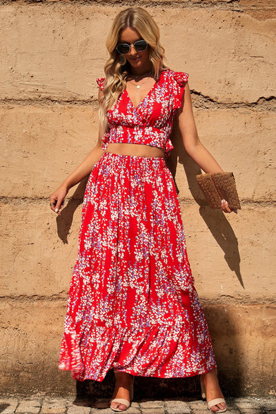 Printed Tie Back Cropped Top and Maxi Skirt Set-Dresses-Grace & Blossom Boutique, a women's online fashion boutique located in Odessa, Florida