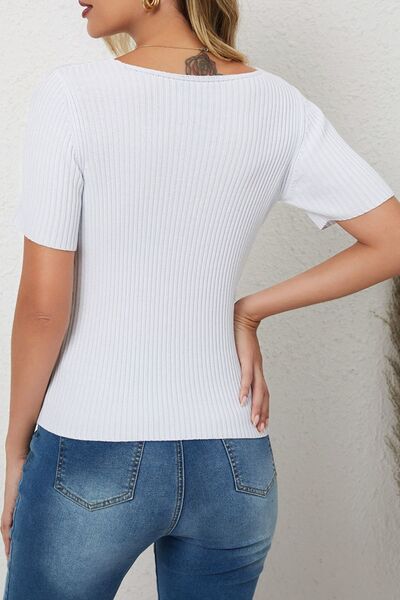 Ribbed Square Neck Short Sleeve Sweater-Tops-Grace & Blossom Boutique, a women's online fashion boutique located in Odessa, Florida
