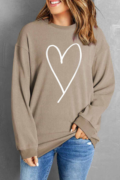 Heart Round Neck Dropped Shoulder Sweatshirt-Tops-Grace & Blossom Boutique, a women's online fashion boutique located in Odessa, Florida