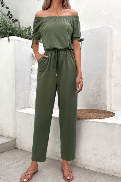 Off-Shoulder Tie Cuff Jumpsuit with Pockets-Dresses-Grace & Blossom Boutique, a women's online fashion boutique located in Odessa, Florida