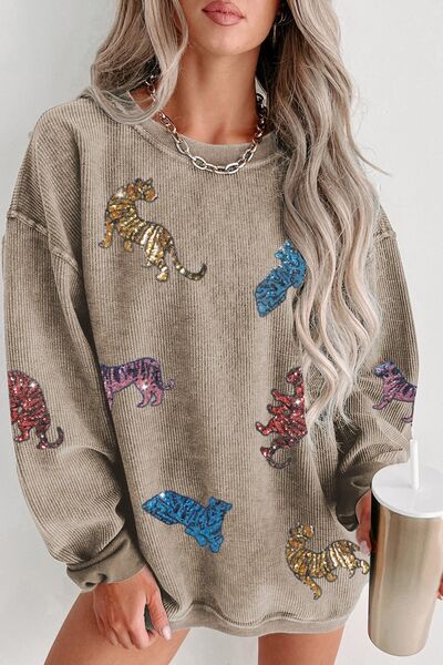 Animal Sequin Dropped Shoulder Sweatshirt-Tops-Grace & Blossom Boutique, a women's online fashion boutique located in Odessa, Florida