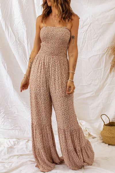 Floral Spaghetti Strap Smocked Wide Leg Jumpsuit-Dresses-Grace & Blossom Boutique, a women's online fashion boutique located in Odessa, Florida