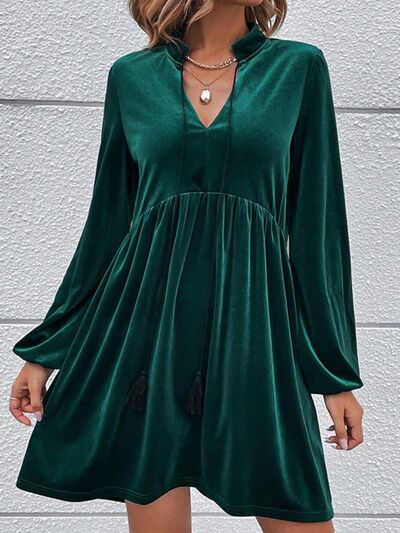 Tied Neck Balloon Sleeve Mini Dress-Dresses-Grace & Blossom Boutique, a women's online fashion boutique located in Odessa, Florida