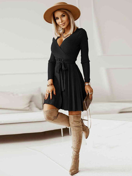 Surplice Neck Tie Front Pleated Sweater Dress-Dresses-Grace & Blossom Boutique, a women's online fashion boutique located in Odessa, Florida