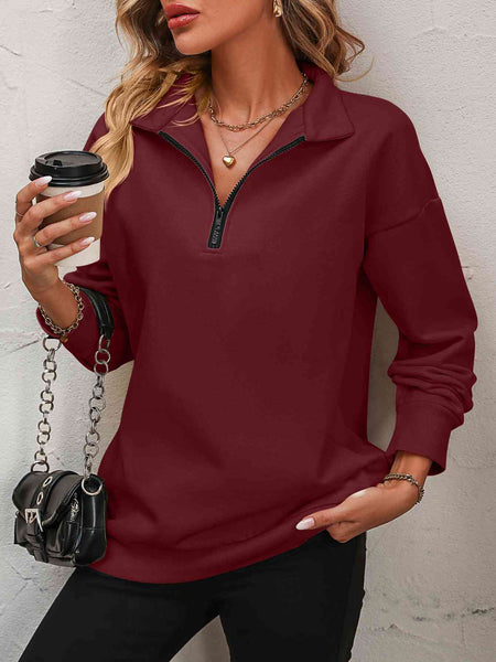 Zip-Up Dropped Shoulder Sweatshirt-Loungewear-Grace & Blossom Boutique, a women's online fashion boutique located in Odessa, Florida